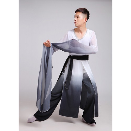 Men's Chinese folk dance costumes black and white gradient  water fall sleeves  classical china han film cosplay dancing outfits